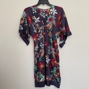 Yumi Kim Silk Floral Kimono Mini Dress Size XS Boho Tropical Vacation Botanical